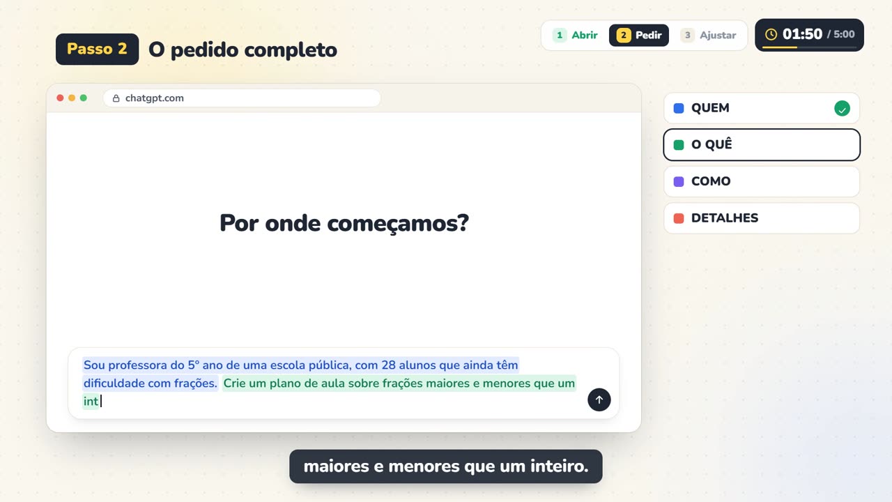 Pedido completo sendo digitado com os quatro ingredientes destacados por cor