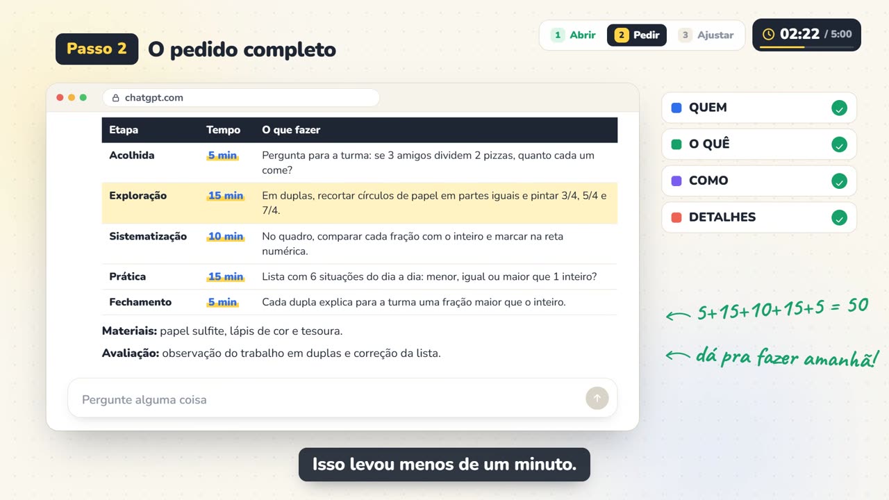 Plano de aula em tabela com etapas e tempos que somam 50 minutos