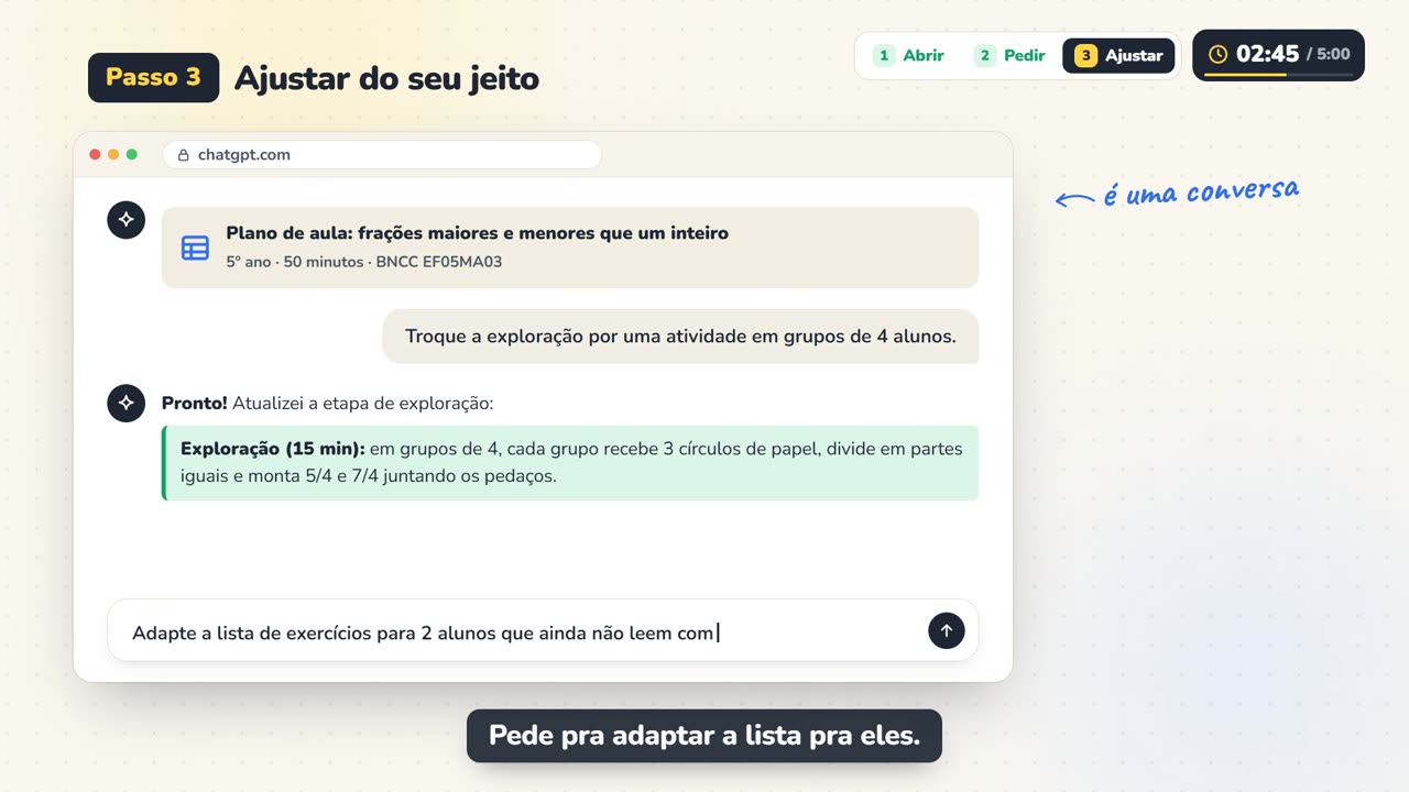 Conversa com a IA ajustando o plano para grupos e adaptando a lista